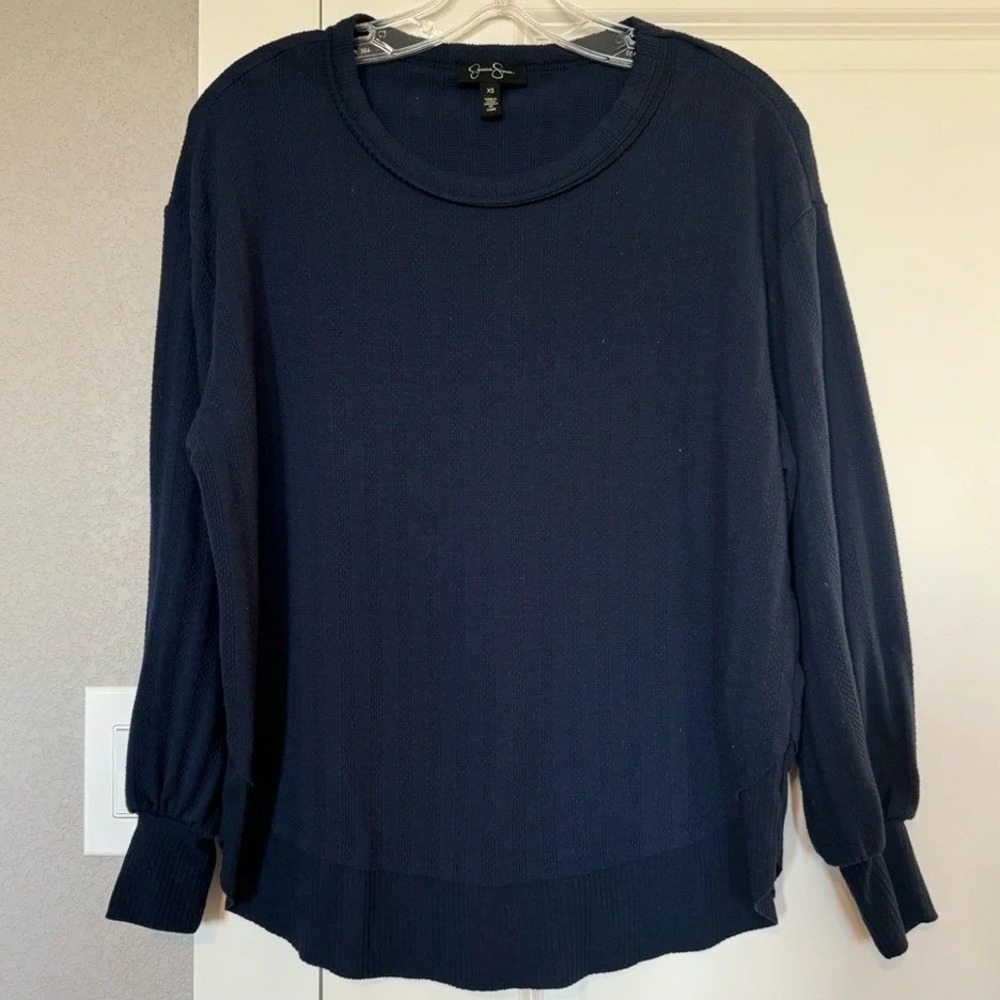 Jessica Simpson Navy Blue Textured Long Sleeve Pullover Top Womens XS